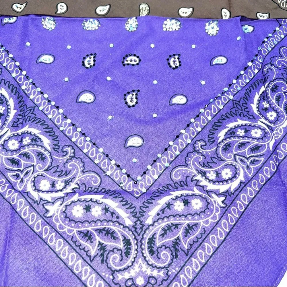 Vintage Lot of 2 Brown and Purple Bandanas/Scarfs Embellished w/Rhinestone